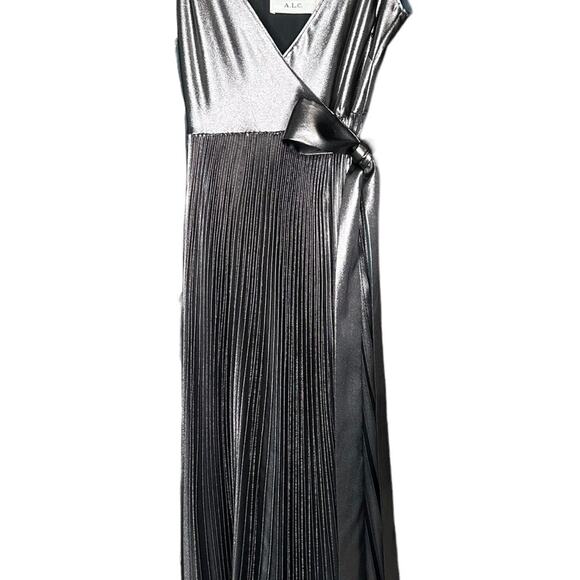 A.L.C. Metallic Silver Kristo Pleated Wrap Midi Dress 0 - Picture 6 of 11